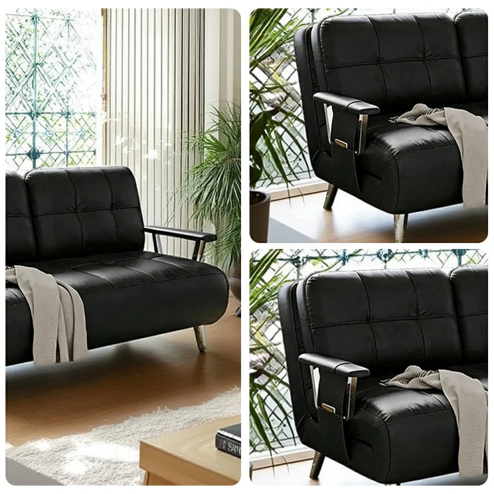 LIVARA 134/164cm Sofa Bed, 2-in-1 Design, High-Density Foam, Cat-Scratch Leather, Adjustable Angles, Durable & Waterproof - Black