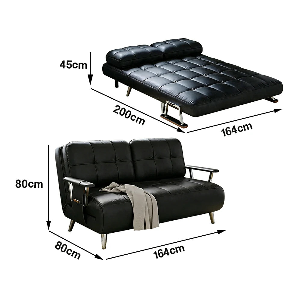 LIVARA 134/164cm Sofa Bed, 2-in-1 Design, High-Density Foam, Cat-Scratch Leather, Adjustable Angles, Durable & Waterproof - Black
