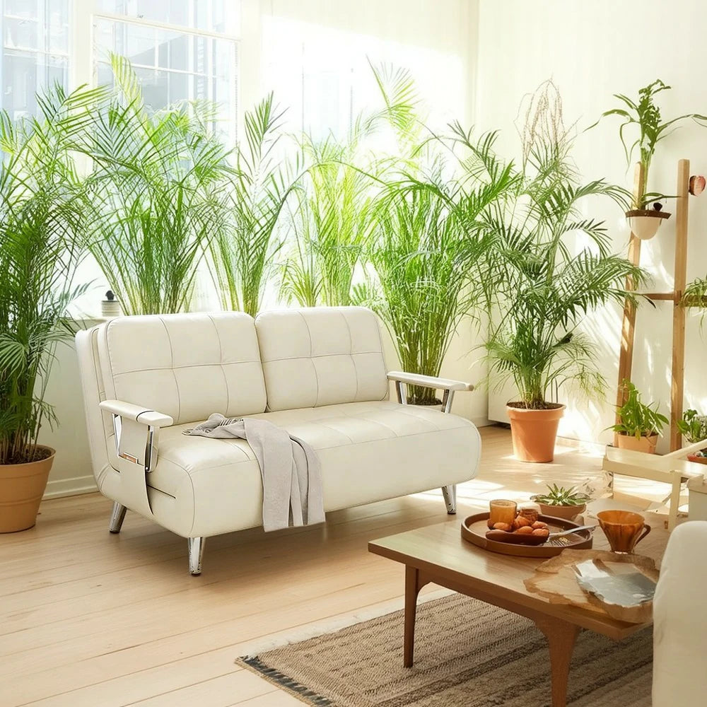 LIVARA 134/164cm Sofa Bed, 2-in-1 Design, High-Density Foam, Cat-Scratch Leather, Adjustable Angles, Durable & Waterproof - Beige