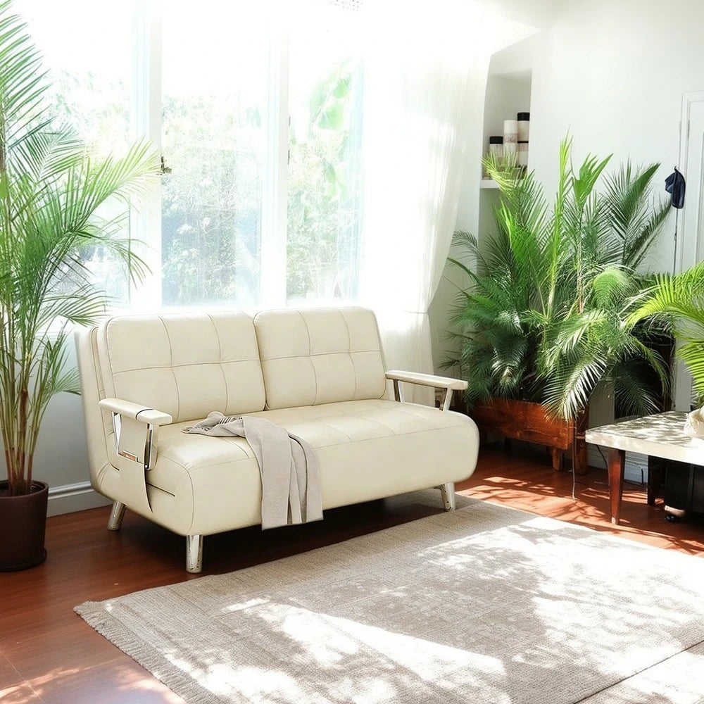 LIVARA 134/164cm Sofa Bed, 2-in-1 Design, High-Density Foam, Cat-Scratch Leather, Adjustable Angles, Durable & Waterproof - Beige