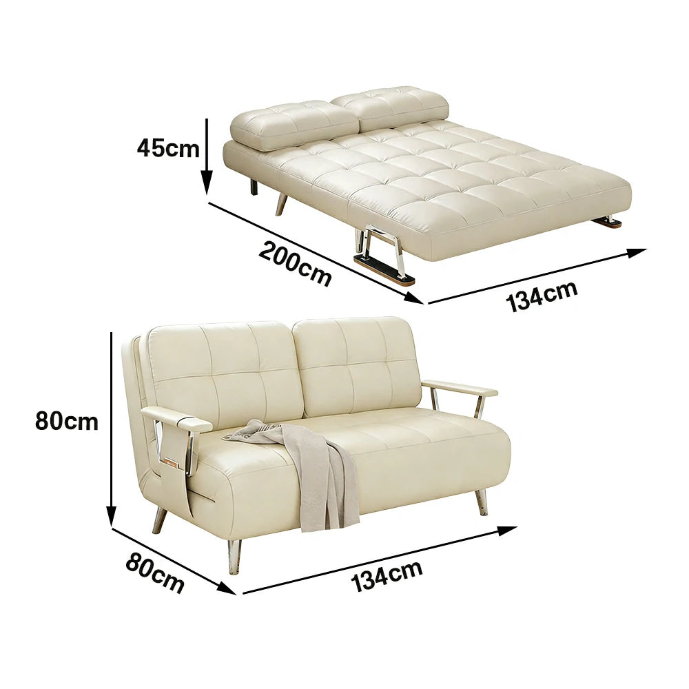 LIVARA 134/164cm Sofa Bed, 2-in-1 Design, High-Density Foam, Cat-Scratch Leather, Adjustable Angles, Durable & Waterproof - Beige