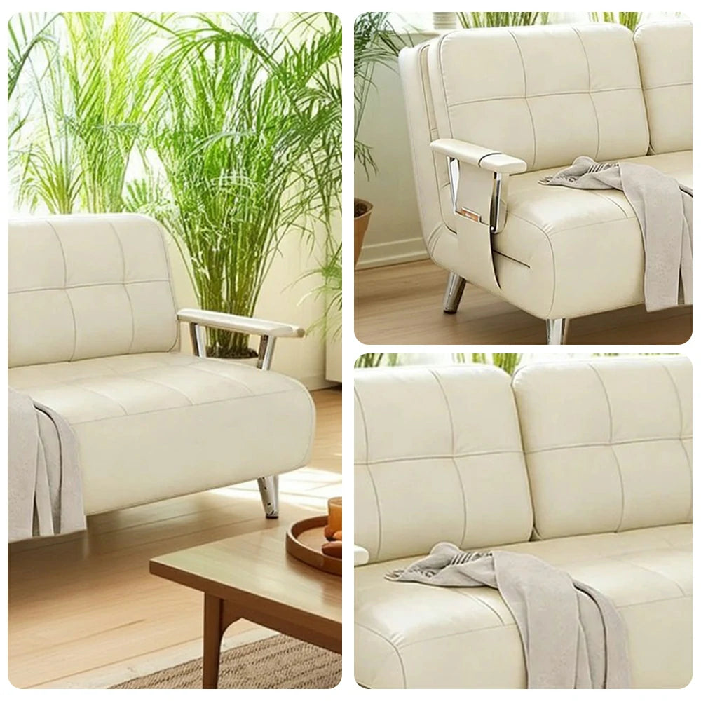 LIVARA 134/164cm Sofa Bed, 2-in-1 Design, High-Density Foam, Cat-Scratch Leather, Adjustable Angles, Durable & Waterproof - Beige