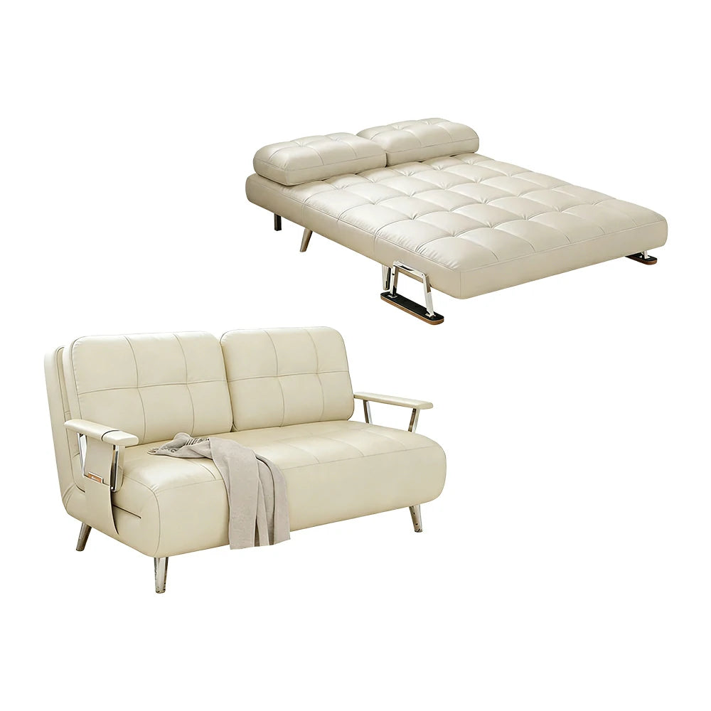 LIVARA 134/164cm Sofa Bed, 2-in-1 Design, High-Density Foam, Cat-Scratch Leather, Adjustable Angles, Durable & Waterproof - Beige