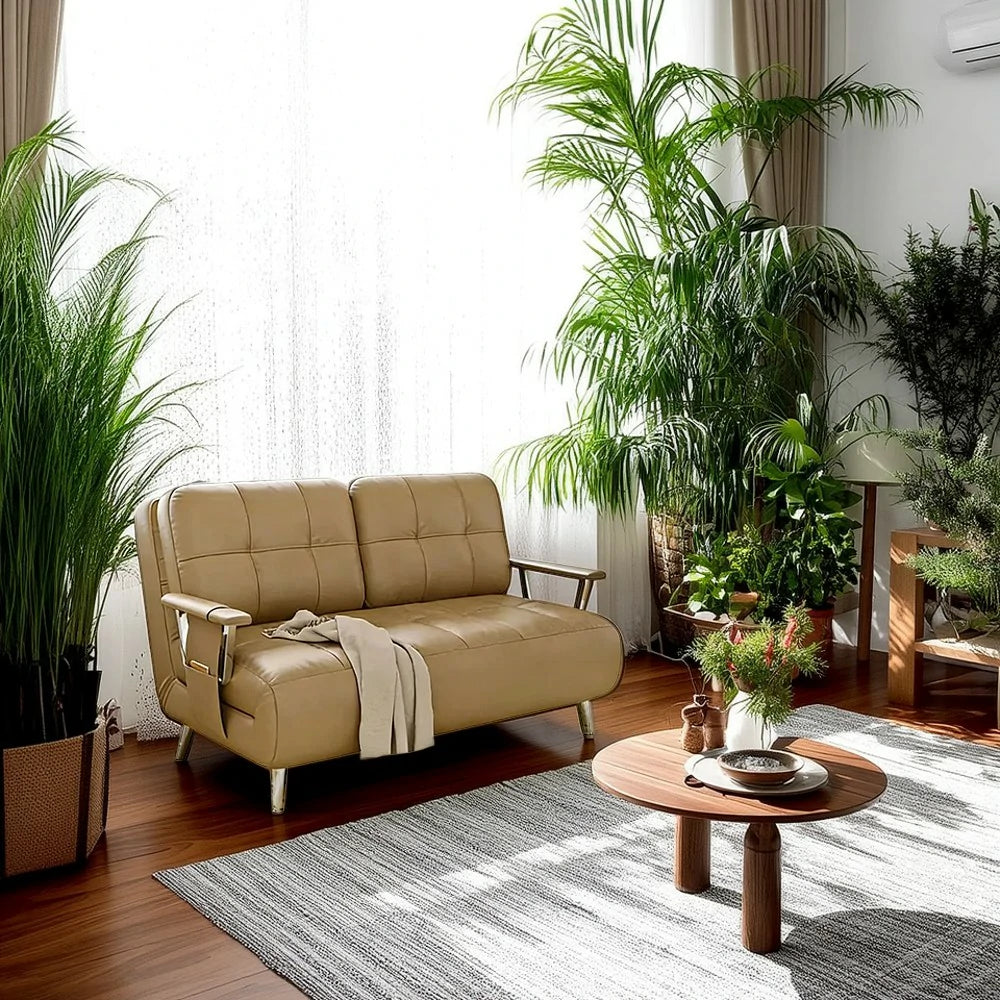 LIVARA 134/164cm Sofa Bed, 2-in-1 Design, High-Density Foam, Cat-Scratch Leather, Adjustable Angles, Durable & Waterproof - Khaki