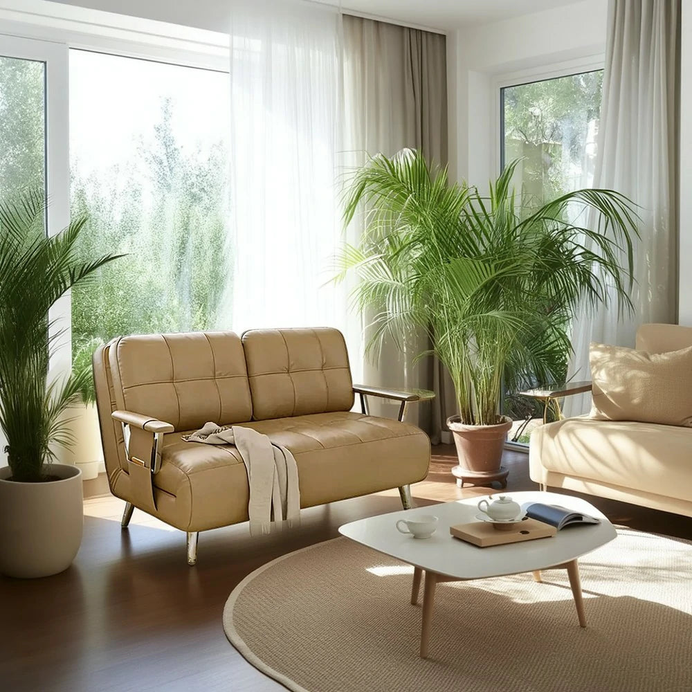 LIVARA 134/164cm Sofa Bed, 2-in-1 Design, High-Density Foam, Cat-Scratch Leather, Adjustable Angles, Durable & Waterproof - Khaki