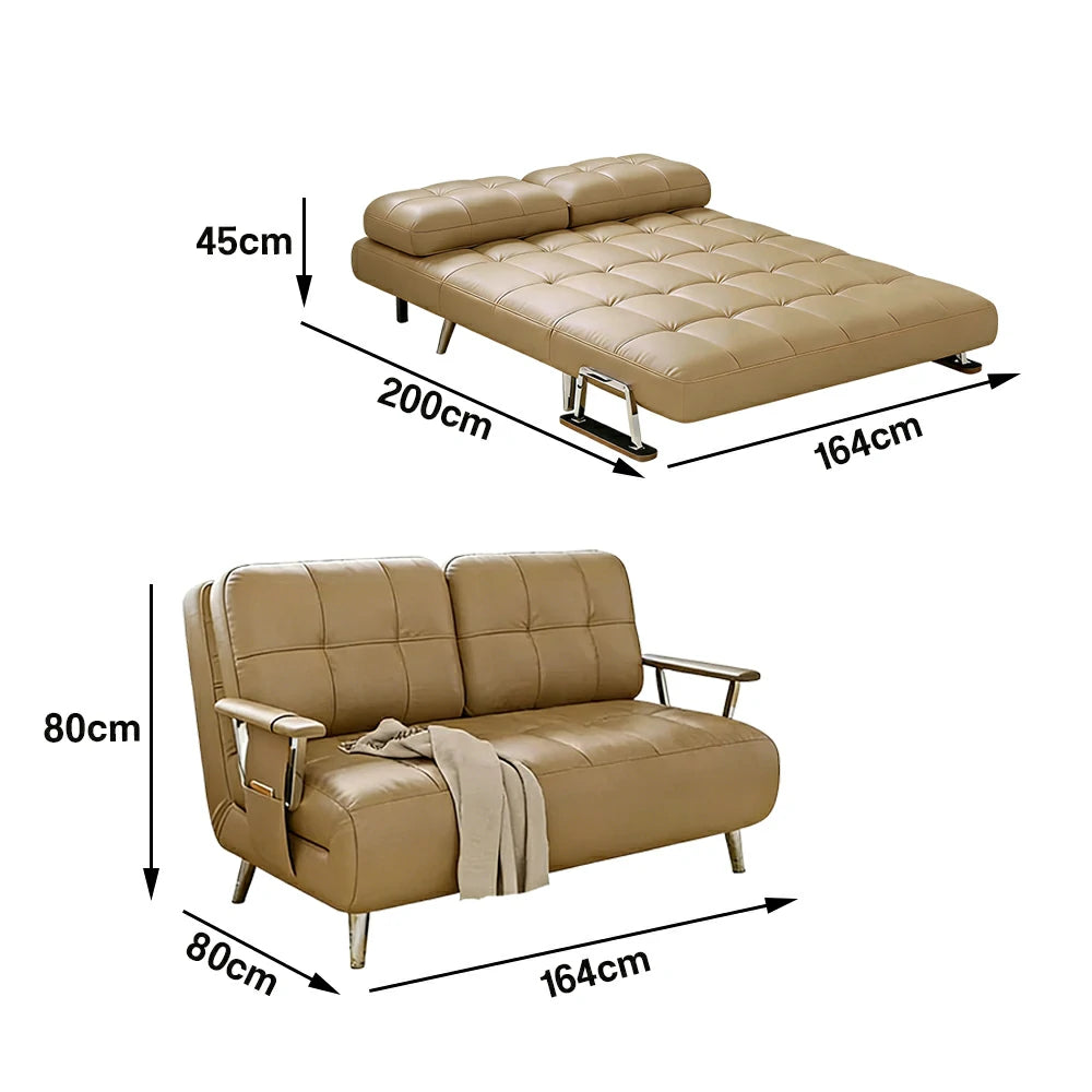 LIVARA 134/164cm Sofa Bed, 2-in-1 Design, High-Density Foam, Cat-Scratch Leather, Adjustable Angles, Durable & Waterproof - Khaki