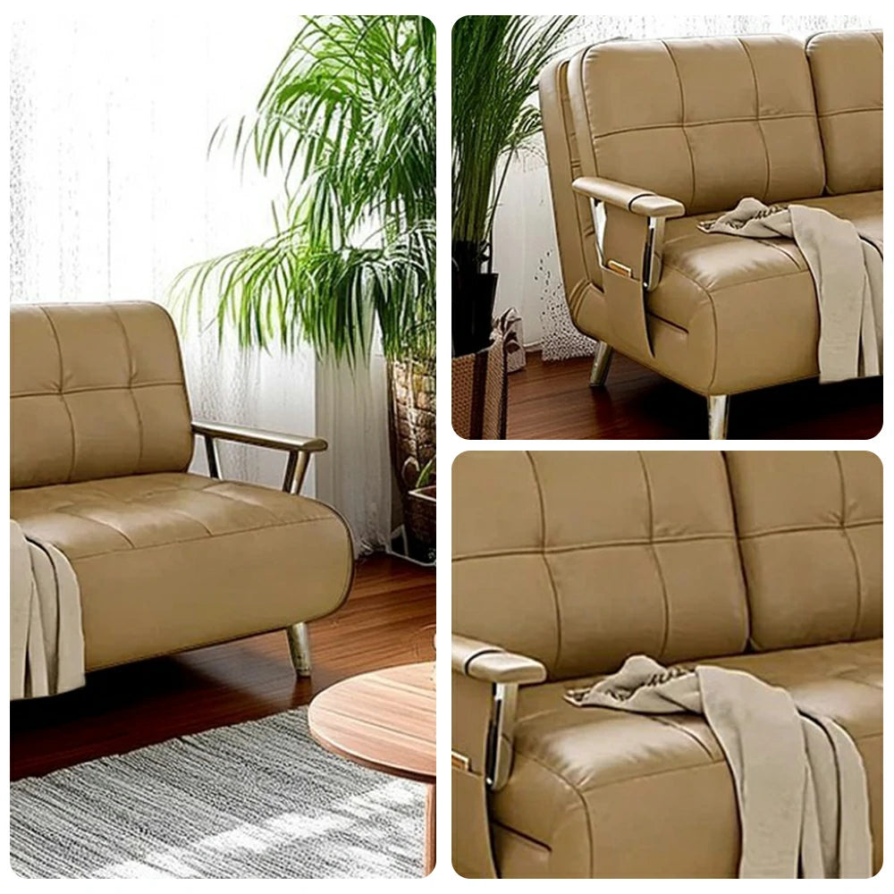 LIVARA 134/164cm Sofa Bed, 2-in-1 Design, High-Density Foam, Cat-Scratch Leather, Adjustable Angles, Durable & Waterproof - Khaki