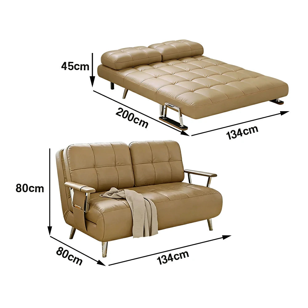 LIVARA 134/164cm Sofa Bed, 2-in-1 Design, High-Density Foam, Cat-Scratch Leather, Adjustable Angles, Durable & Waterproof - Khaki