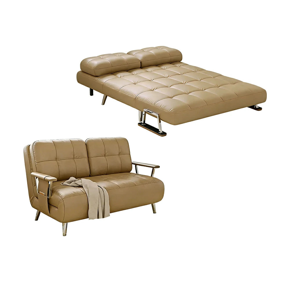 LIVARA 134/164cm Sofa Bed, 2-in-1 Design, High-Density Foam, Cat-Scratch Leather, Adjustable Angles, Durable & Waterproof - Khaki