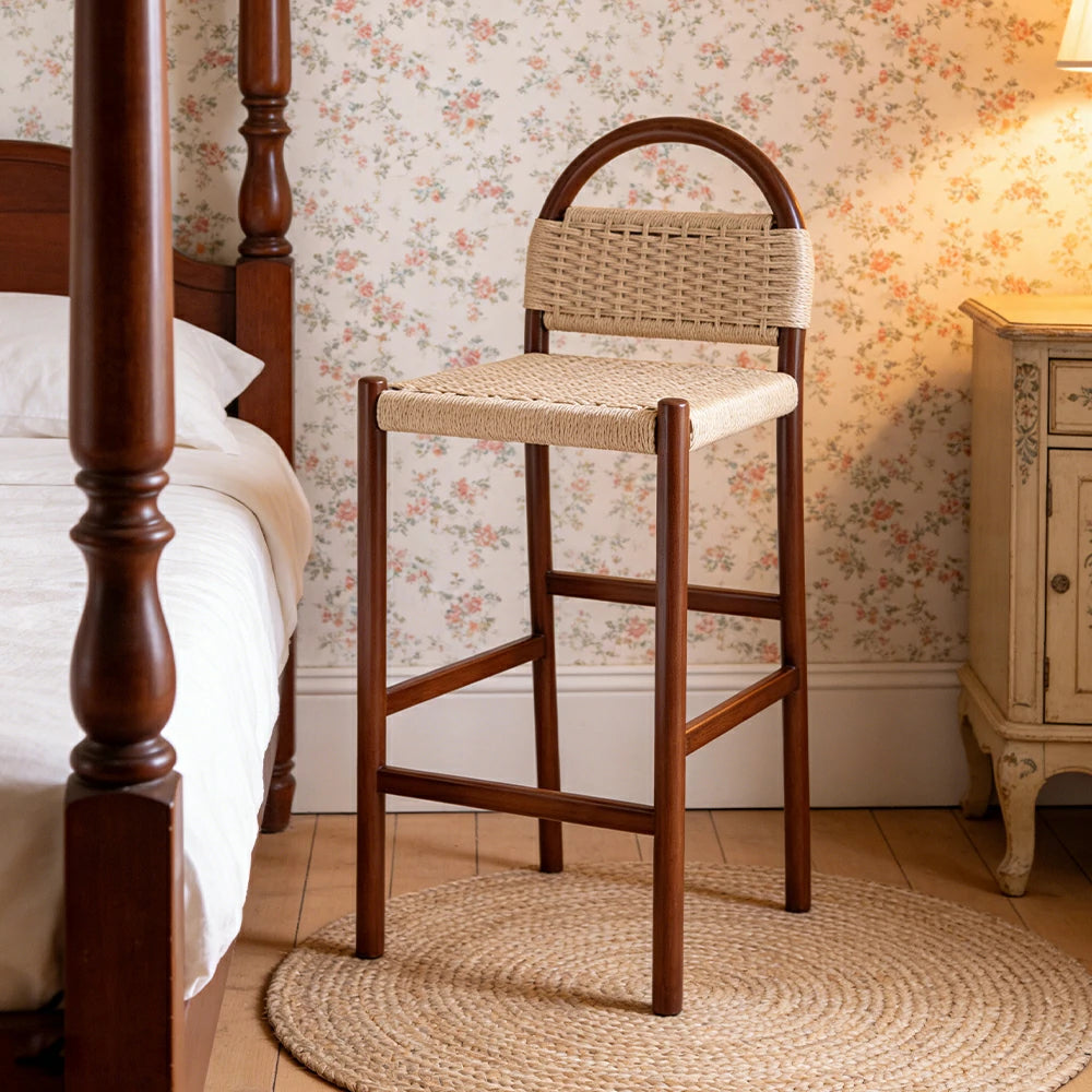 LIVARA 85/105cm Dining Chair Ergonomic Support Solid Wood Frame Handwoven Kraft Rope Seat Breathable Cross-Weave Design - Walnut