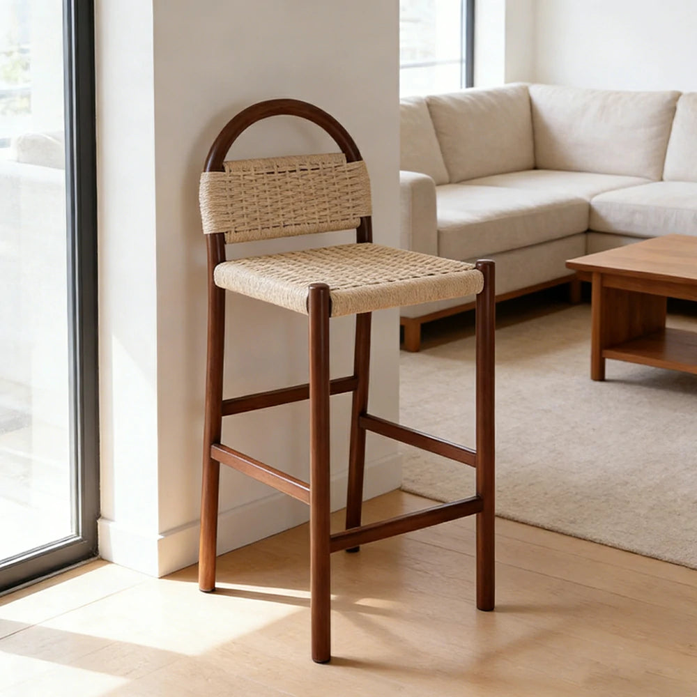 LIVARA 85/105cm Dining Chair Ergonomic Support Solid Wood Frame Handwoven Kraft Rope Seat Breathable Cross-Weave Design - Walnut