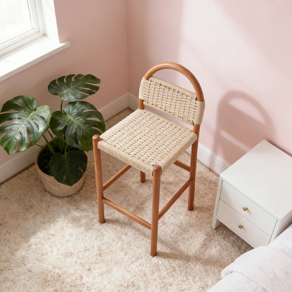 LIVARA 85/105cm Dining Chair Ergonomic Support Solid Wood Frame Handwoven Kraft Rope Seat Breathable Cross-Weave Design - Cherry