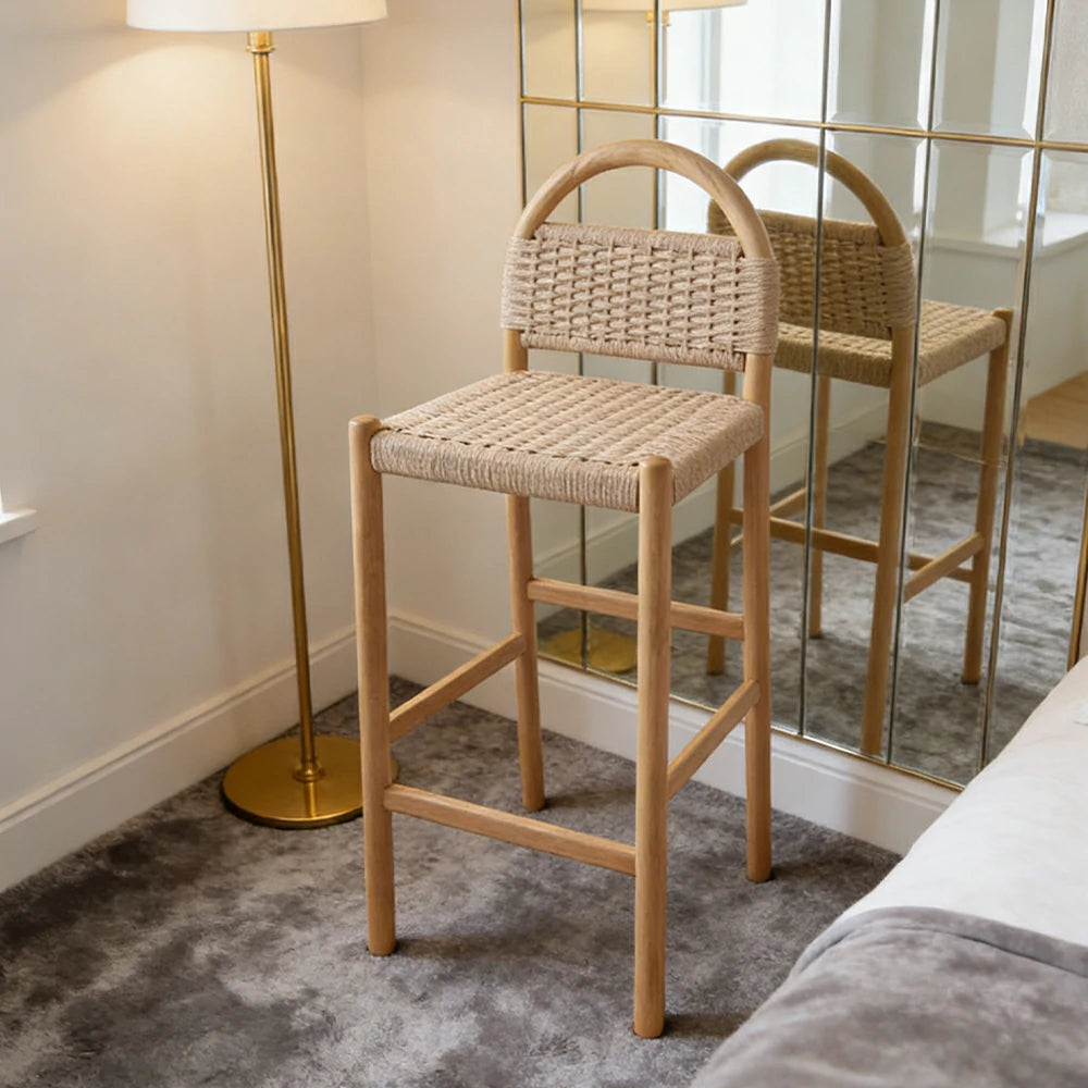 LIVARA 85/105cm Dining Chair Ergonomic Support Solid Wood Frame Handwoven Kraft Rope Seat Breathable Cross-Weave Design - Wood