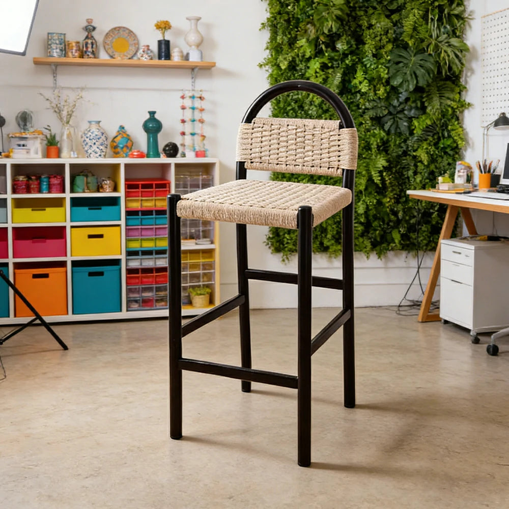 LIVARA 85/105cm Dining Chair Ergonomic Support Solid Wood Frame Handwoven Kraft Rope Seat Breathable Cross-Weave Design - Black