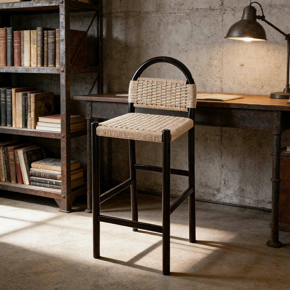 LIVARA 85/105cm Dining Chair Ergonomic Support Solid Wood Frame Handwoven Kraft Rope Seat Breathable Cross-Weave Design - Black