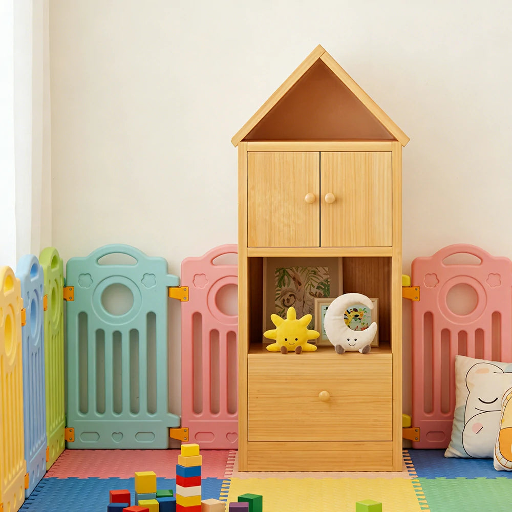 LIVARA Kids House Bookshelf - Solid Wood Storage Cabinet with Anti-Collision Corners, Large Capacity Book & Toy Organiser - Natural Wood
