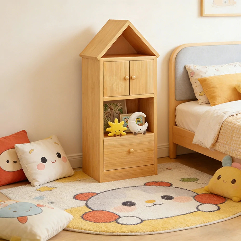 LIVARA Kids House Bookshelf - Solid Wood Storage Cabinet with Anti-Collision Corners, Large Capacity Book & Toy Organiser - Natural Wood
