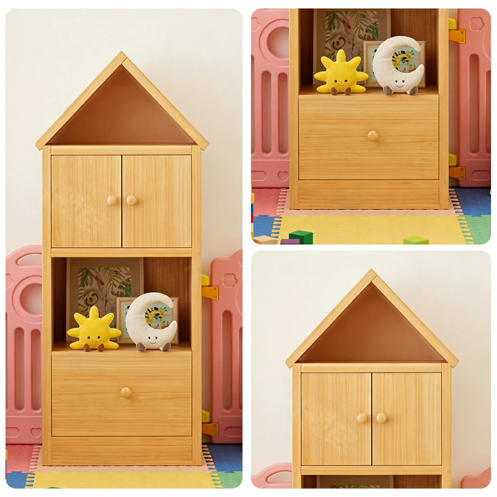 LIVARA Kids House Bookshelf - Solid Wood Storage Cabinet with Anti-Collision Corners, Large Capacity Book & Toy Organiser - Natural Wood