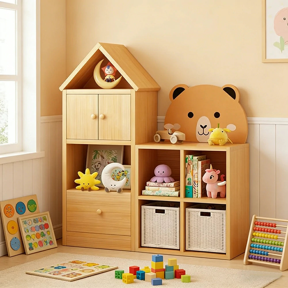 LIVARA Kids House Storage Cabinet - Solid Wood 4/5-Cube Organiser with Anti-Collision Corners, Large Capacity for Toys & Books - Natural Wood