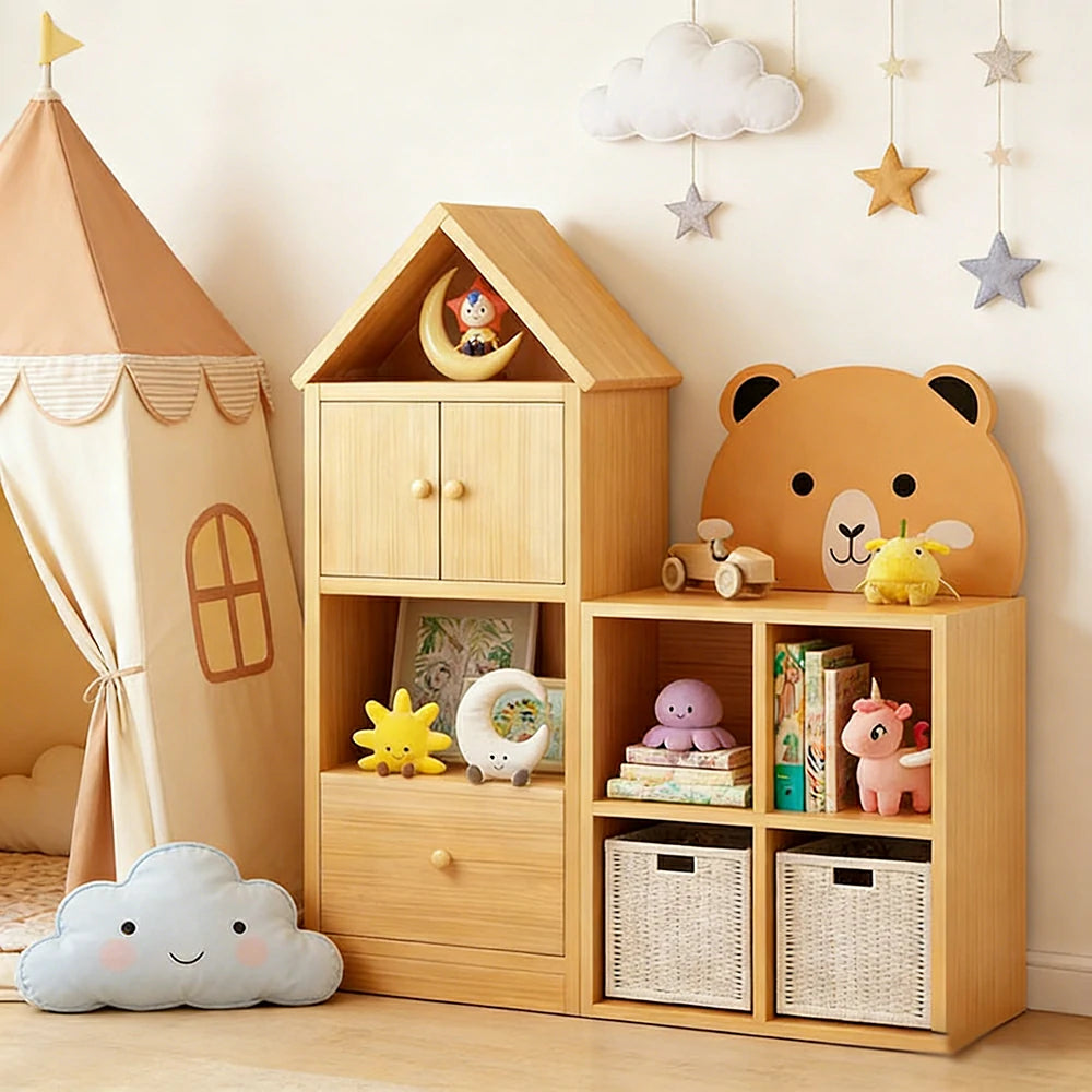 LIVARA Kids House Storage Cabinet - Solid Wood 4/5-Cube Organiser with Anti-Collision Corners, Large Capacity for Toys & Books - Natural Wood