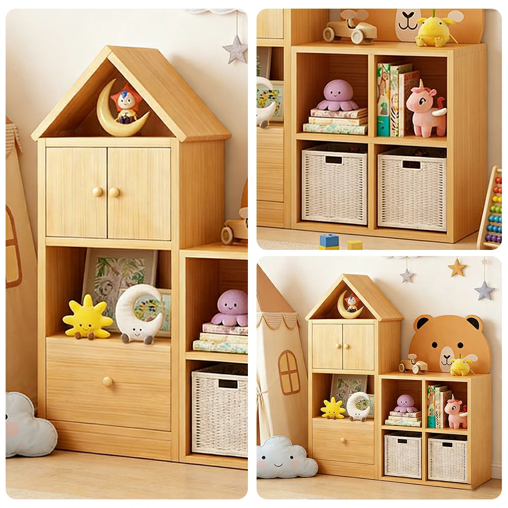 LIVARA Kids House Storage Cabinet - Solid Wood 4/5-Cube Organiser with Anti-Collision Corners, Large Capacity for Toys & Books - Natural Wood