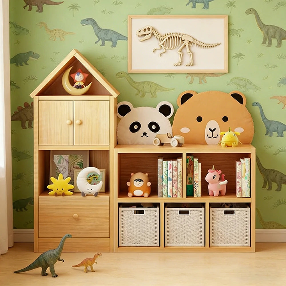 LIVARA Kids House Storage Cabinet - Solid Wood 4/5-Cube Organiser with Anti-Collision Corners, Large Capacity for Toys & Books - Natural Wood