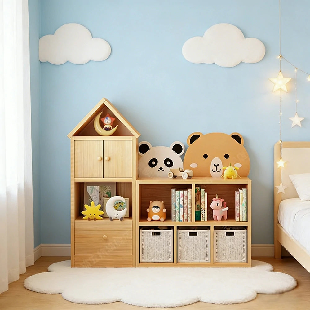 LIVARA Kids House Storage Cabinet - Solid Wood 4/5-Cube Organiser with Anti-Collision Corners, Large Capacity for Toys & Books - Natural Wood