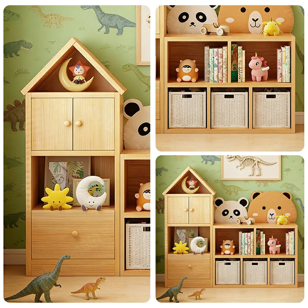 LIVARA Kids House Storage Cabinet - Solid Wood 4/5-Cube Organiser with Anti-Collision Corners, Large Capacity for Toys & Books - Natural Wood