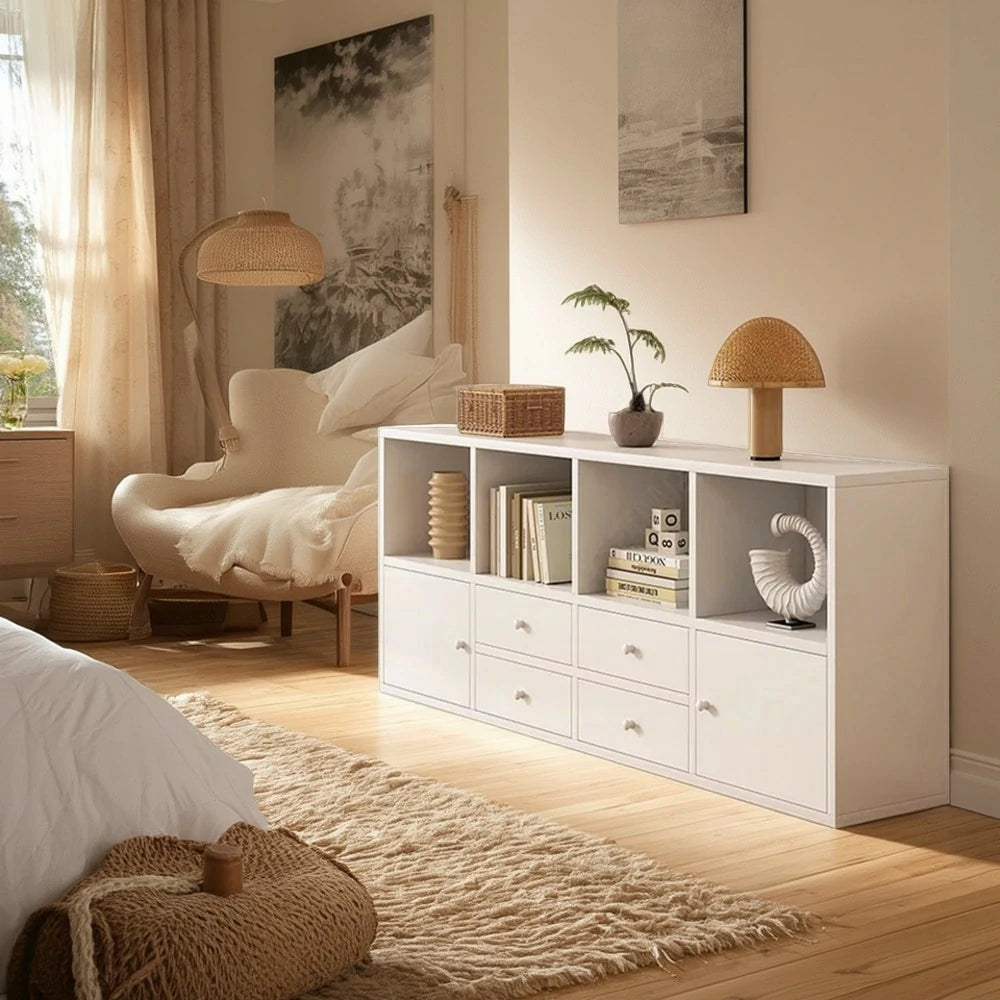 LIVARA Storage Cabinet with Doors & Drawers - 6/8-Cube Organiser, Large Capacity Shelving for Living Room & Bedroom - White
