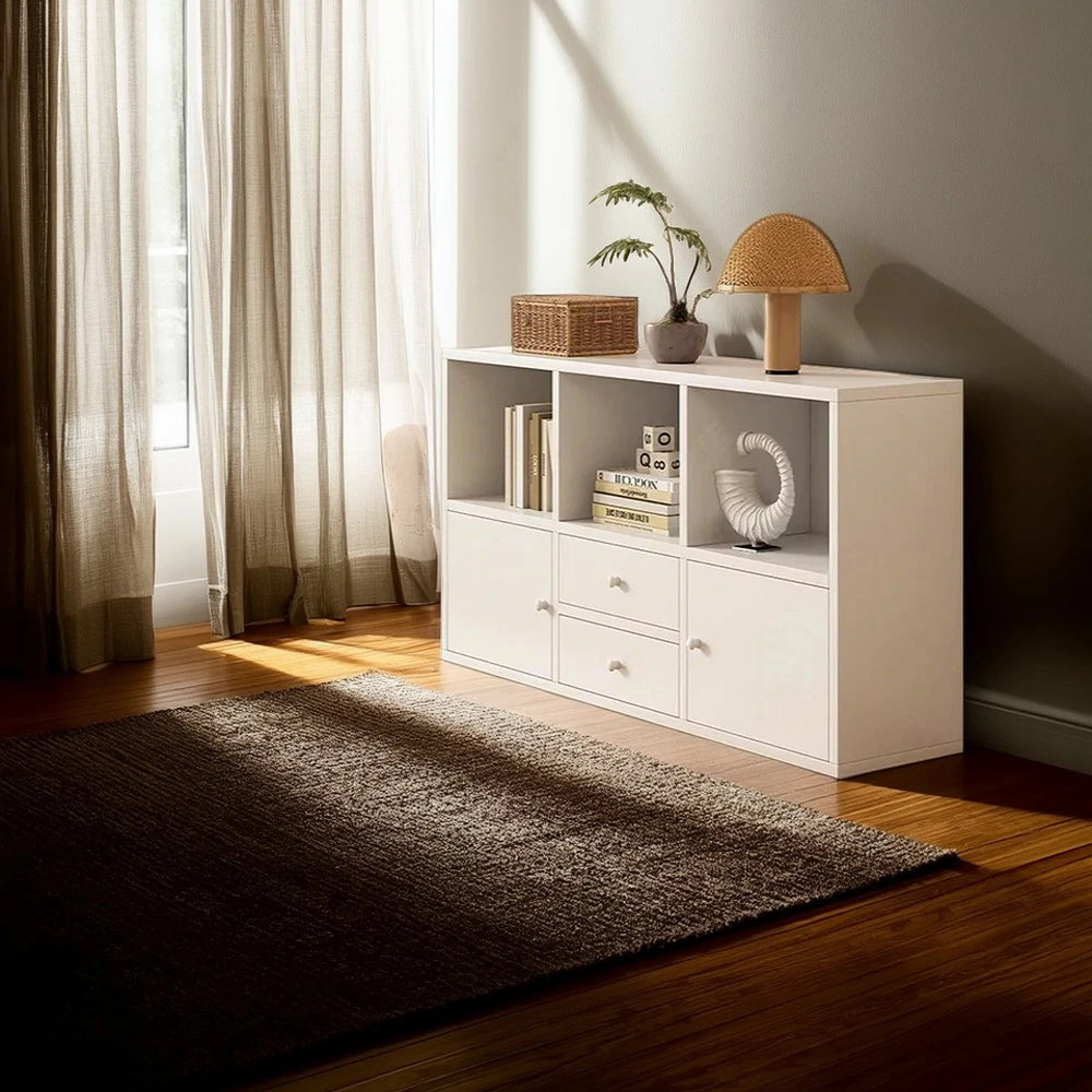 LIVARA Storage Cabinet with Doors & Drawers - 6/8-Cube Organiser, Large Capacity Shelving for Living Room & Bedroom - White