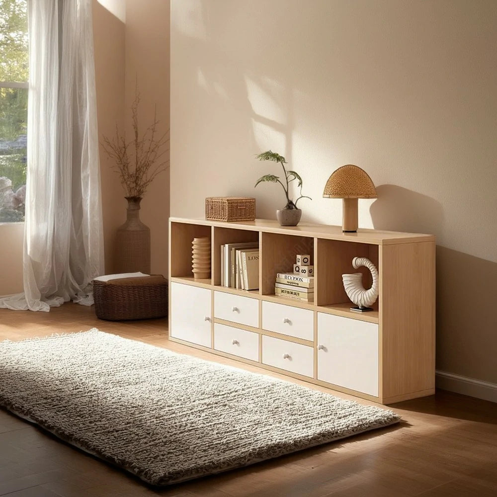LIVARA Storage Cabinet with Doors & Drawers - 6/8-Cube Organiser, Large Capacity Shelving for Living Room & Bedroom - Beech
