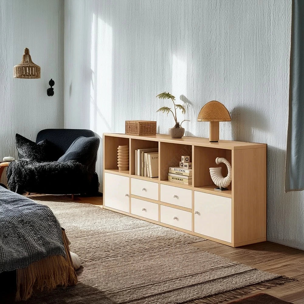 LIVARA Storage Cabinet with Doors & Drawers - 6/8-Cube Organiser, Large Capacity Shelving for Living Room & Bedroom - Beech