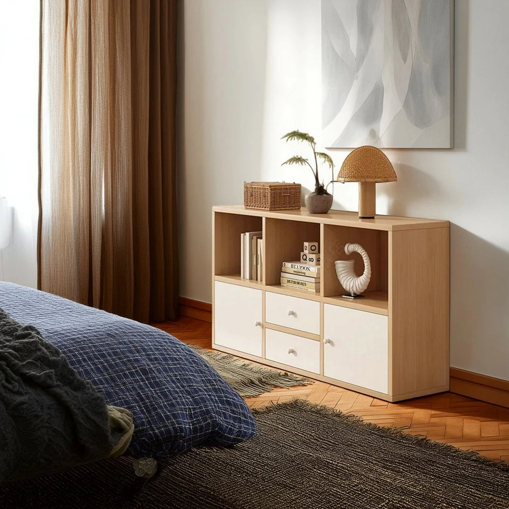 LIVARA Storage Cabinet with Doors & Drawers - 6/8-Cube Organiser, Large Capacity Shelving for Living Room & Bedroom - Beech