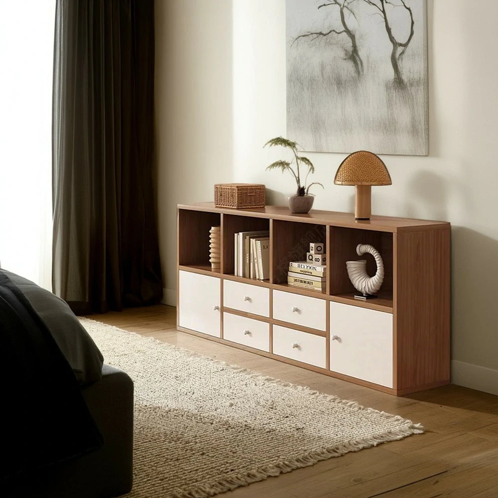 LIVARA Storage Cabinet with Doors & Drawers - 6/8-Cube Organiser, Large Capacity Shelving for Living Room & Bedroom - Cherry wood