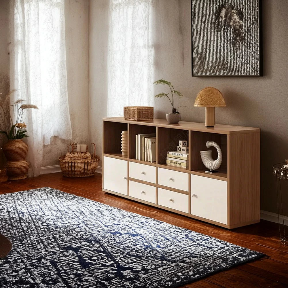 LIVARA Storage Cabinet with Doors & Drawers - 6/8-Cube Organiser, Large Capacity Shelving for Living Room & Bedroom - Cherry wood