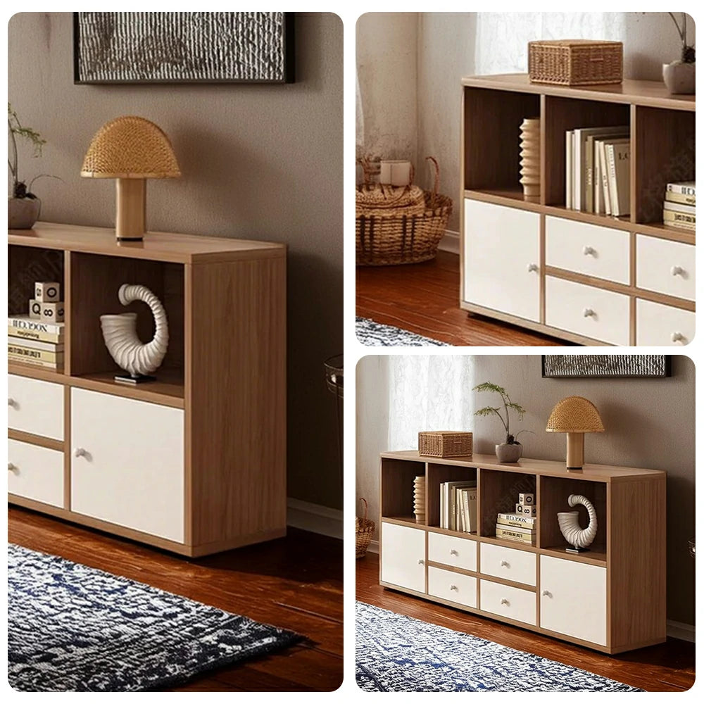 LIVARA Storage Cabinet with Doors & Drawers - 6/8-Cube Organiser, Large Capacity Shelving for Living Room & Bedroom - Cherry wood