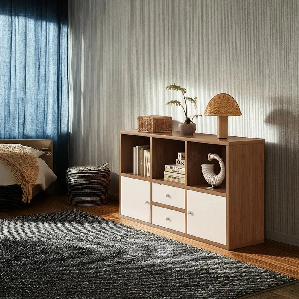 LIVARA Storage Cabinet with Doors & Drawers - 6/8-Cube Organiser, Large Capacity Shelving for Living Room & Bedroom - Cherry wood