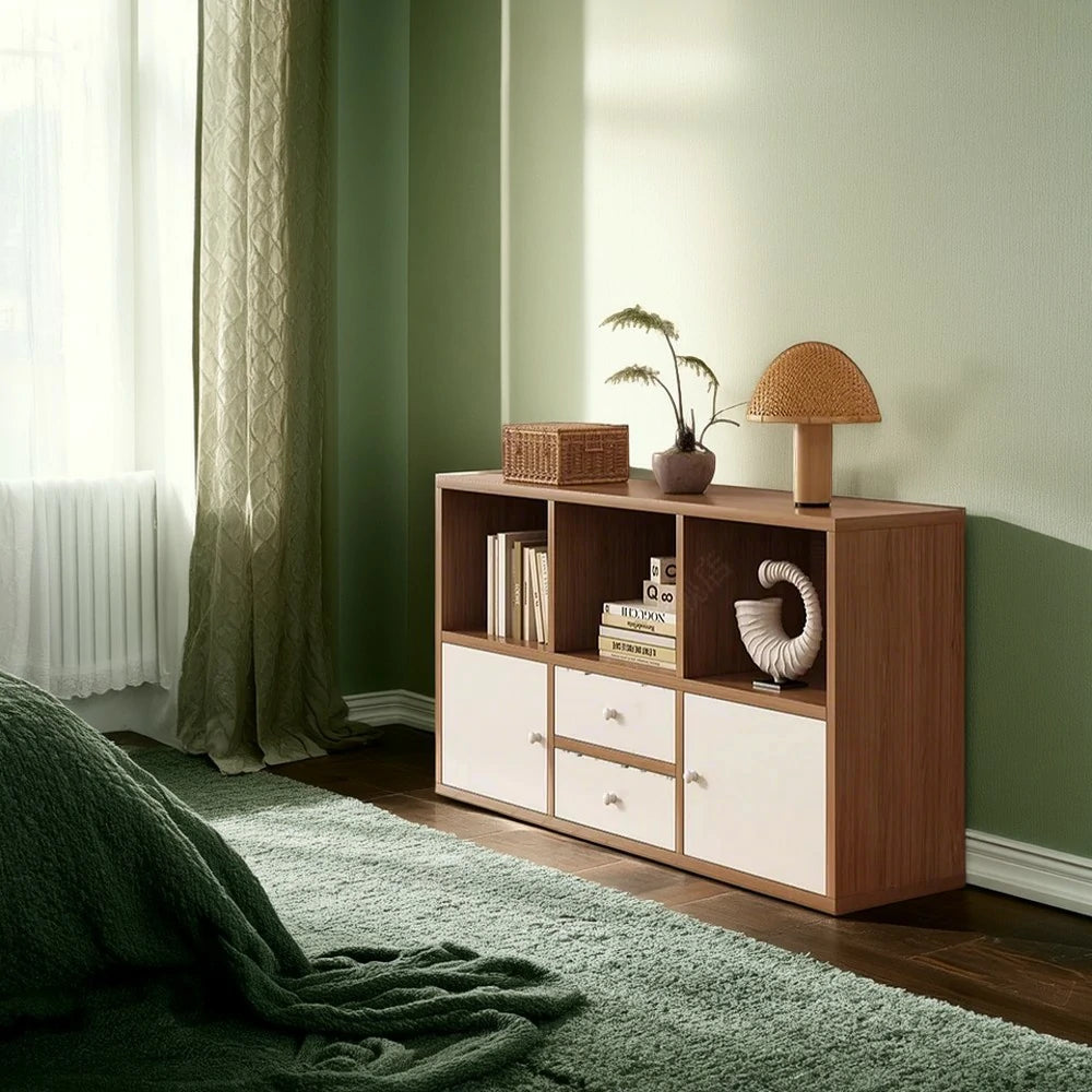 LIVARA Storage Cabinet with Doors & Drawers - 6/8-Cube Organiser, Large Capacity Shelving for Living Room & Bedroom - Cherry wood