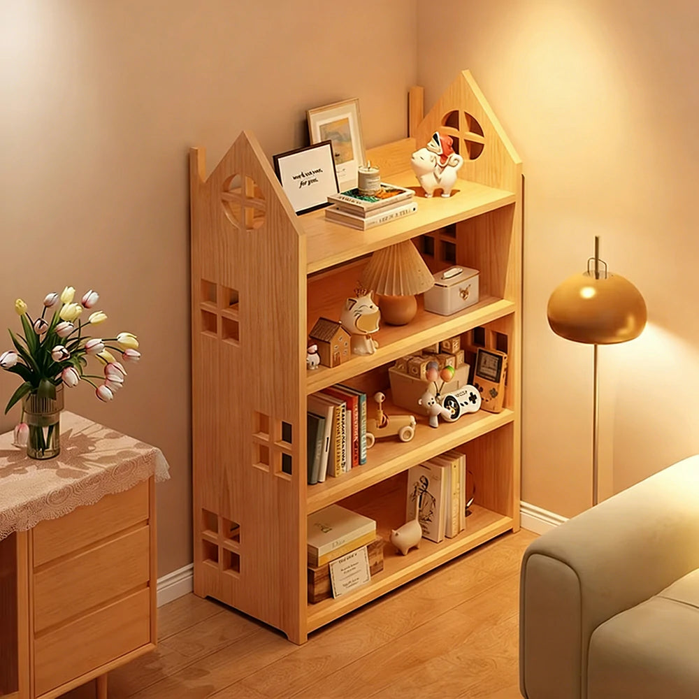 LIVARA Solid Wood Bookshelf - 3/4-Tier Deep Storage Shelf, House Design Organiser for Kids Room & Living Room - Natural Wood