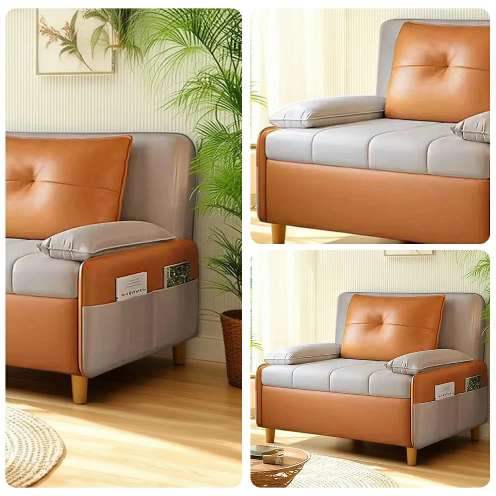 LIVARA 77/113cm Sofa Bed, Sofa to Bed Design, Leather-Look Performance Fabric, Steel Frame, Side Storage Pocket - Beige&Orange