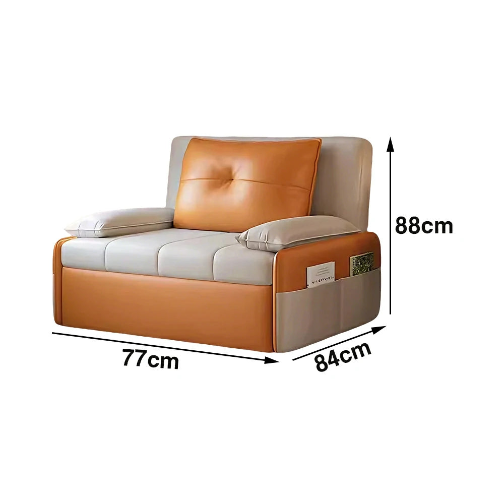 LIVARA 77/113cm Sofa Bed, Sofa to Bed Design, Leather-Look Performance Fabric, Steel Frame, Side Storage Pocket - Beige&Orange