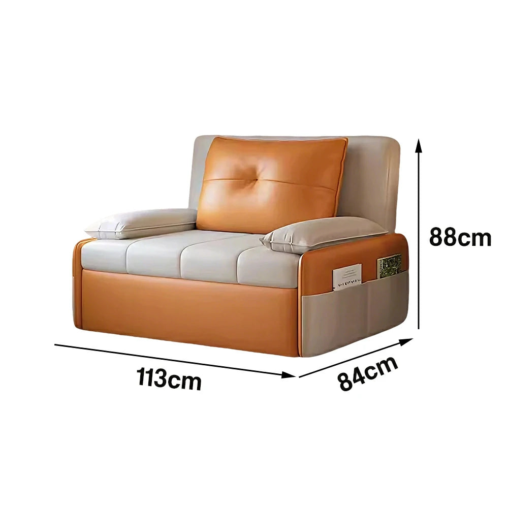 LIVARA 77/113cm Sofa Bed, Sofa to Bed Design, Leather-Look Performance Fabric, Steel Frame, Side Storage Pocket - Beige&Orange
