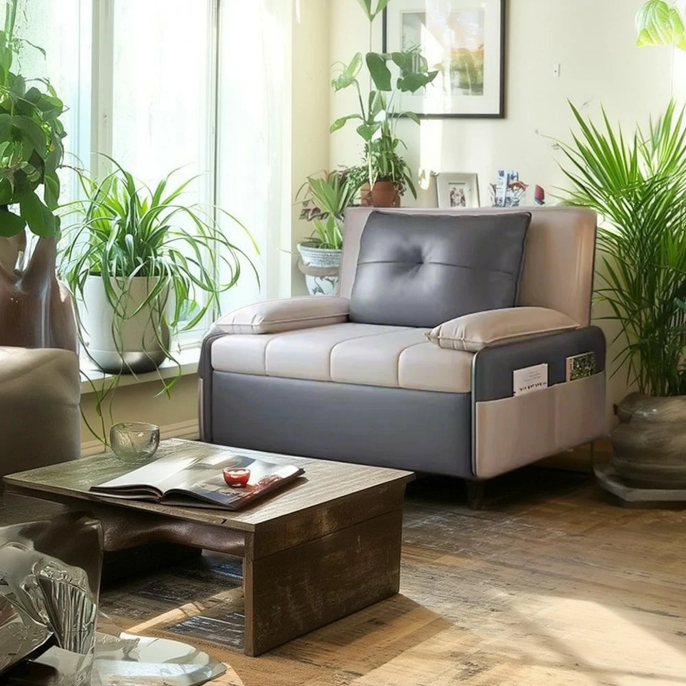 LIVARA 77/113cm Sofa Bed, Sofa to Bed Design, Leather-Look Performance Fabric, Steel Frame, Side Storage Pocket - Beige&Grey