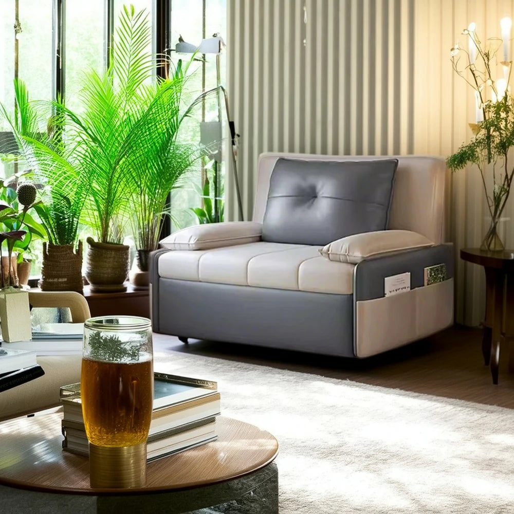 LIVARA 77/113cm Sofa Bed, Sofa to Bed Design, Leather-Look Performance Fabric, Steel Frame, Side Storage Pocket - Beige&Grey