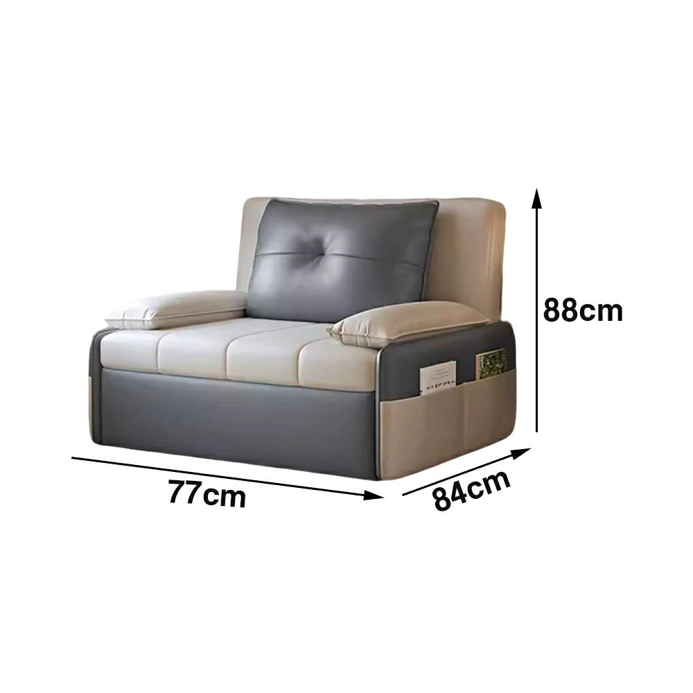 LIVARA 77/113cm Sofa Bed, Sofa to Bed Design, Leather-Look Performance Fabric, Steel Frame, Side Storage Pocket - Beige&Grey