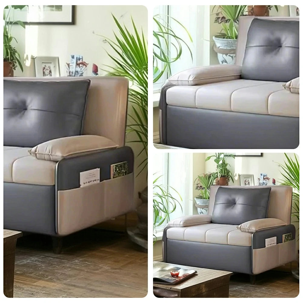 LIVARA 77/113cm Sofa Bed, Sofa to Bed Design, Leather-Look Performance Fabric, Steel Frame, Side Storage Pocket - Beige&Grey