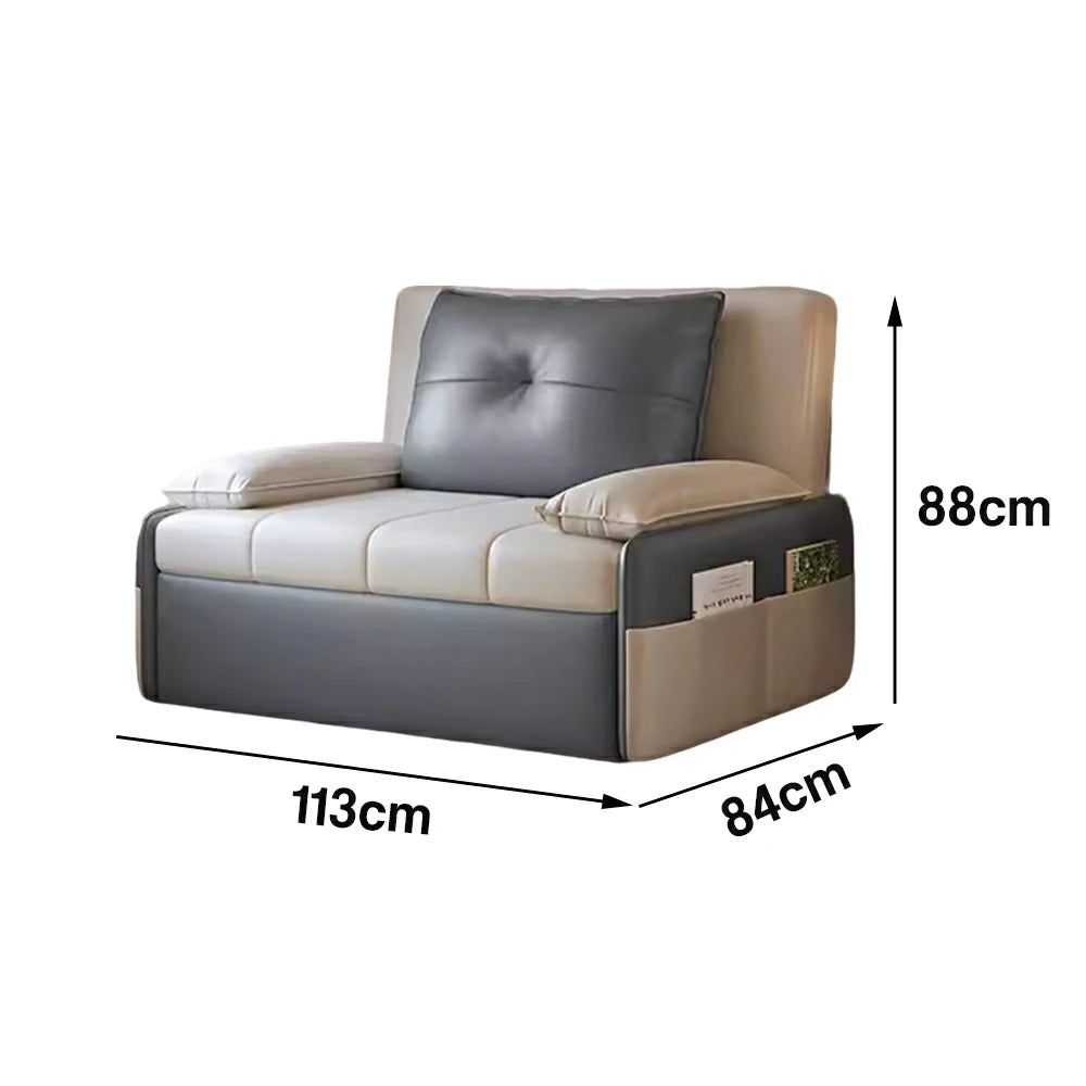 LIVARA 77/113cm Sofa Bed, Sofa to Bed Design, Leather-Look Performance Fabric, Steel Frame, Side Storage Pocket - Beige&Grey