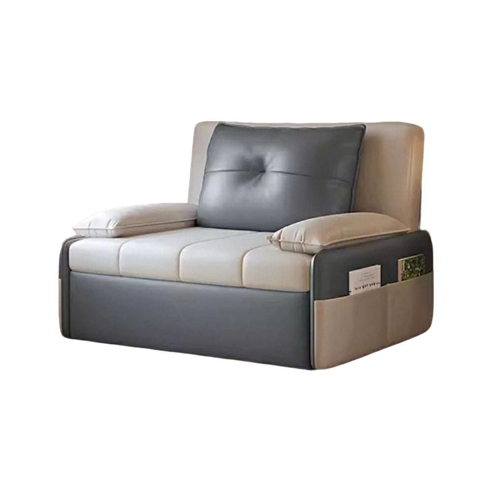 LIVARA 77/113cm Sofa Bed, Sofa to Bed Design, Leather-Look Performance Fabric, Steel Frame, Side Storage Pocket - Beige&Grey
