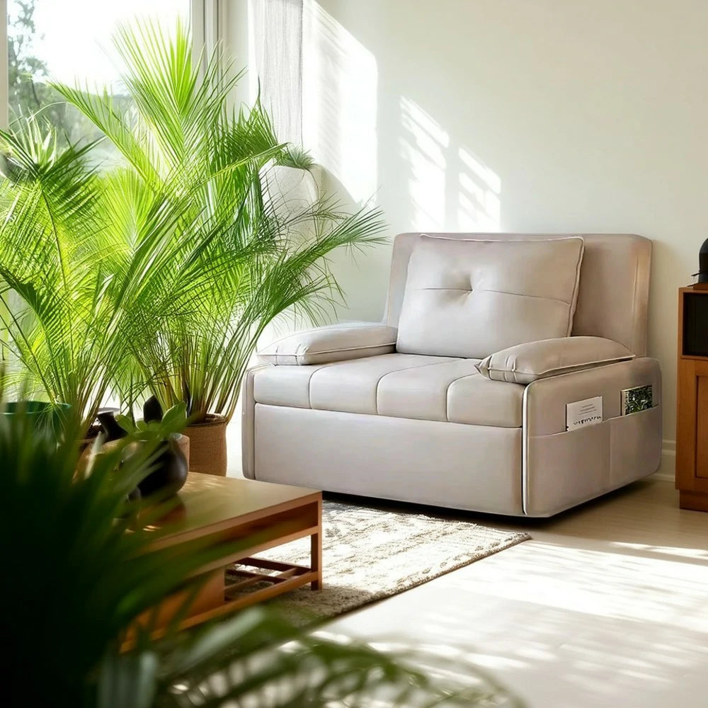 LIVARA 77/113cm Sofa Bed, Sofa to Bed Design, Leather-Look Performance Fabric, Steel Frame, Side Storage Pocket - Beige