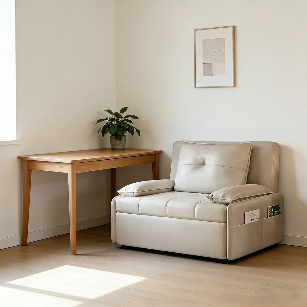 LIVARA 77/113cm Sofa Bed, Sofa to Bed Design, Leather-Look Performance Fabric, Steel Frame, Side Storage Pocket - Beige